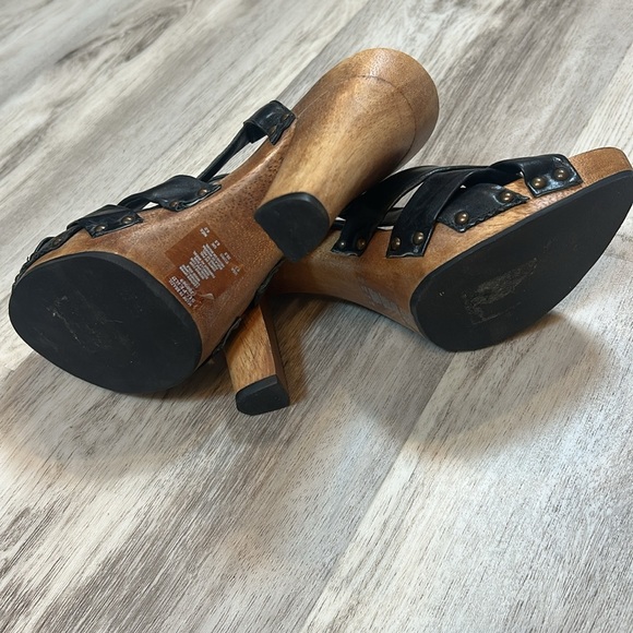 Vintage Y2K Kenneth Cole Tribeca Slingback Heels Black Leather Wooden Platform - Picture 4 of 12